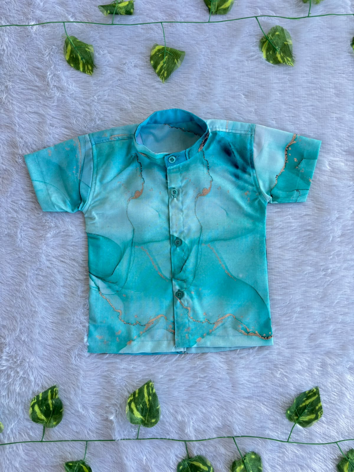 (BC015) Modern Abstract Marble Print Boy's Shirt in Aqua Blue