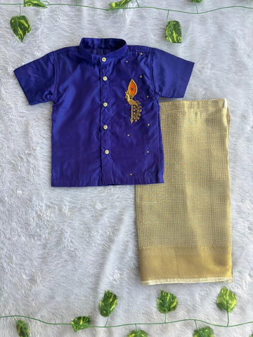 (BE008) Vaannelam Boys Solid Shirt with Tissue checks Veshti