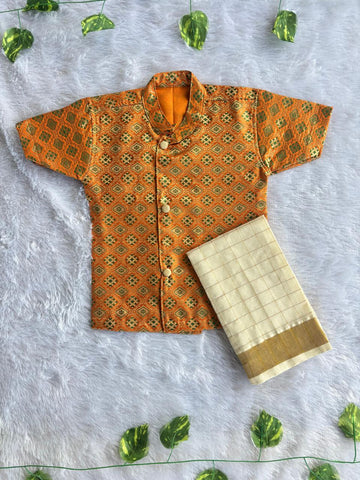 (BE009) Kanalvannam Boys Geometric Festive Shirt and Veshti Set