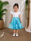 (CF012) Elegant Flutter-Sleeve Frock with Cool Blue Marble-Print Frock