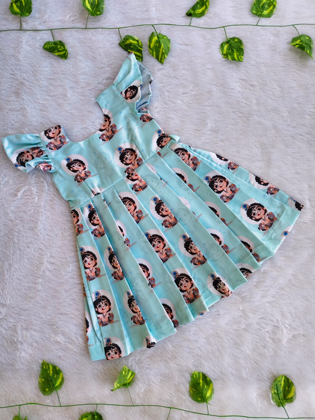 (CF014) Light Blue Lord Krishna Printed Flutter-Sleeve Pleated Frock