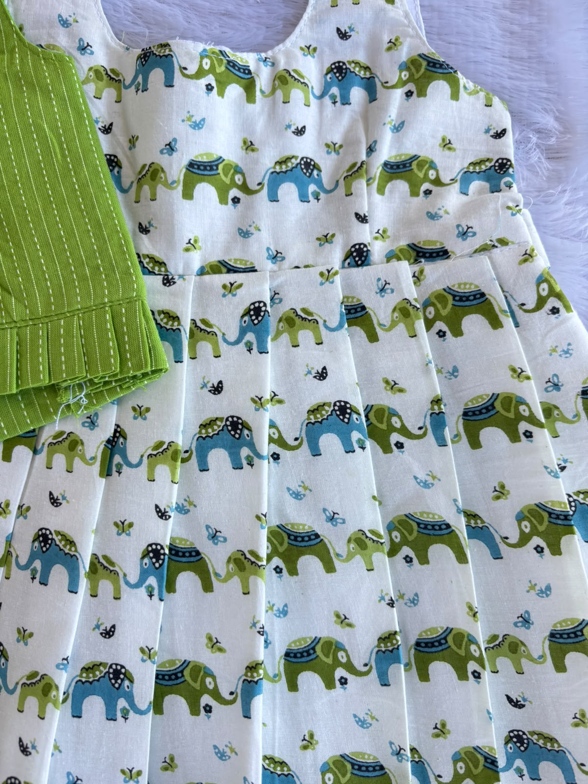 (CFC002) Playful Elephant Print Girls' Pleated Dress with Green Jacket