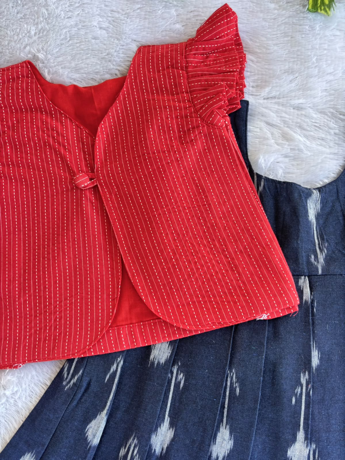 (CFC004) Classic Navy Blue Ikat Girls' Dress with Red Ruffled Jacket