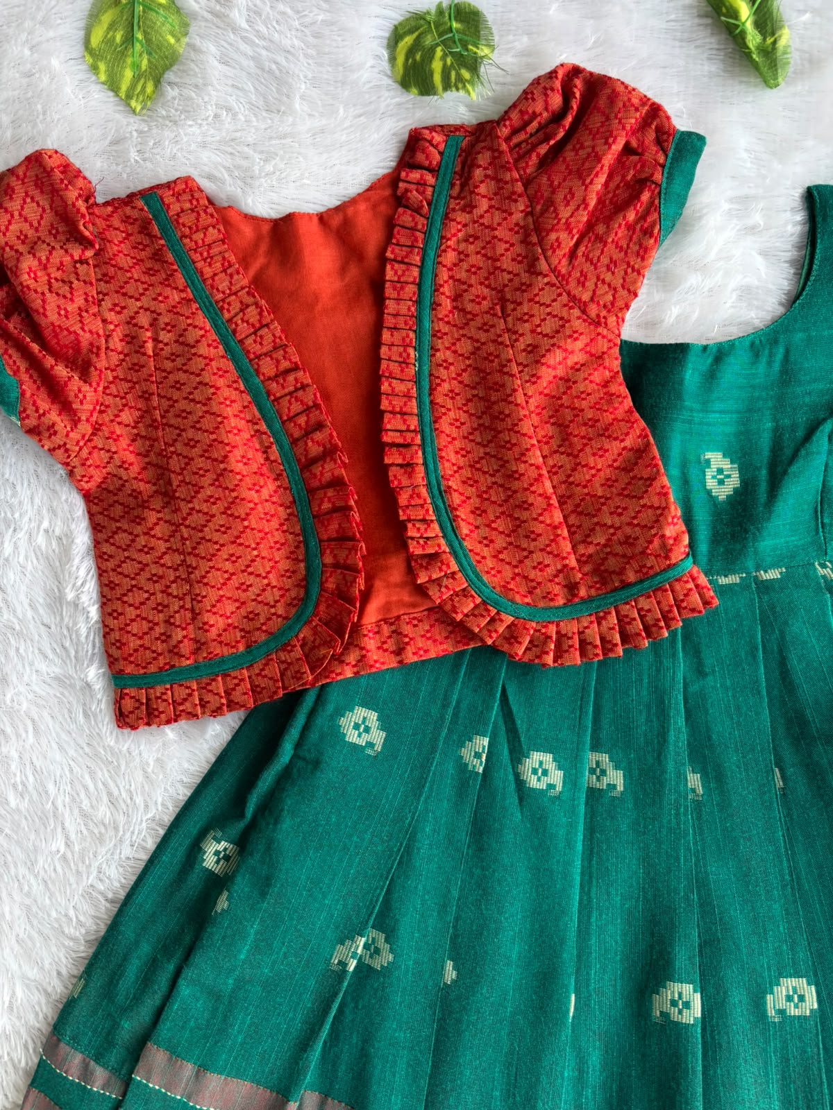 (CFC006) Vibrant Red Jacket with Green Pleated Ethnic Dress Set