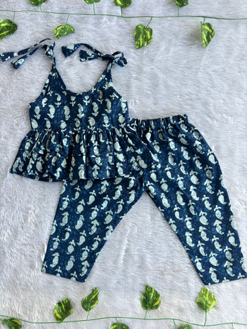 (CTP012) Navy Blue Printed Peplum Top Co-ord Set