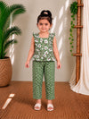 (CTP023) Fresh Floral Ruffle-Sleeve Peplum Top with Chevron Trousers Set