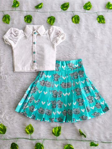 (SCC001) Matching Teal Elephant-Print & White Hakoba Sibling Combo Set