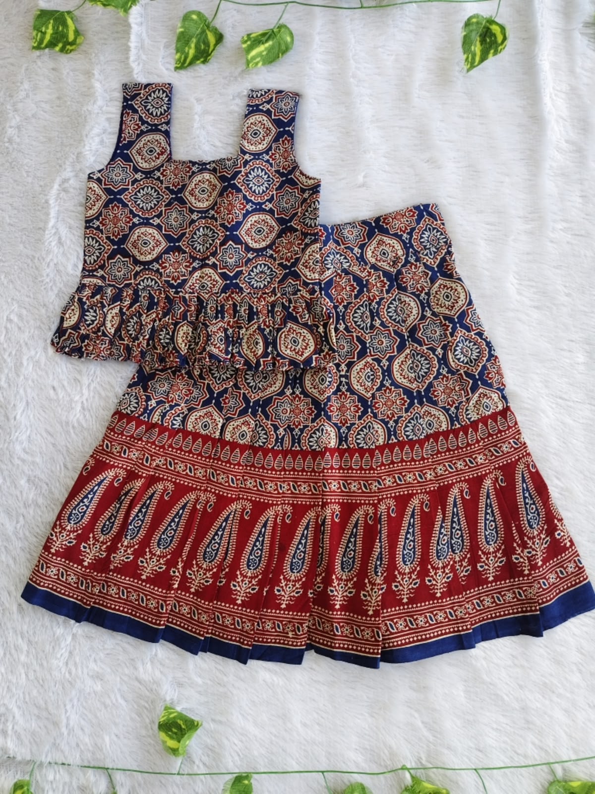 (CTS014)Traditional navy blue and maroon Ajrakh print lehenga set.