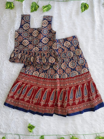(CTS014)Traditional navy blue and maroon Ajrakh print lehenga set.