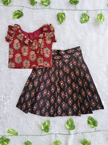 (CTS017) Traditional maroon and black block print ruffled lehenga set.