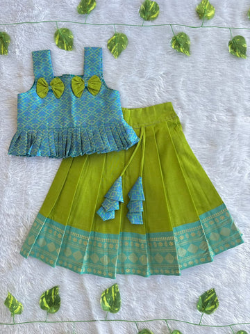 (CTS026) Blue & Green Brocade Bow-Accent Peplum Top Co-ord Set