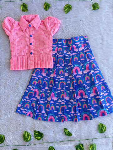 (CTS030) Charming Pink and Blue Rainbow Print Two-Piece Ethnic Set for Girls