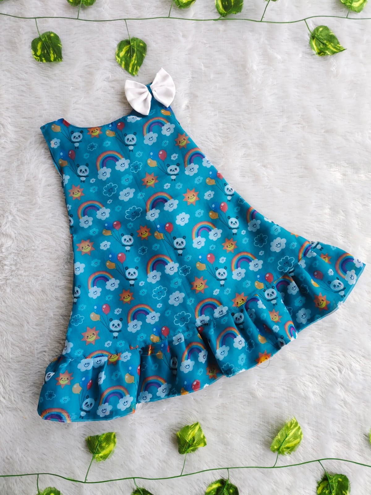 (ETF003)Vibrant Teal Rainbow & Panda Printed Ruffle Frock