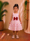 (ETF004) Girls Peachy Pink Floral Frock with Red Bow