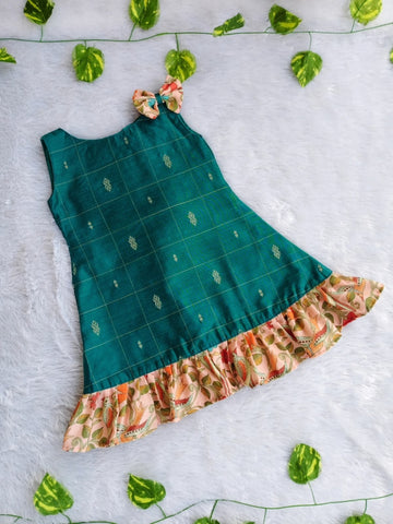 (ETF007)Emerald Green Zari Checked Frock with Kalamkari Ruffle Trim