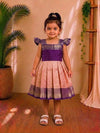 (ETF008)Elegant peach and purple Semi silk-style flared festive dress.