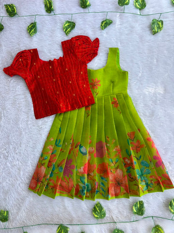 (ETFC003)Festive rust red and lime green floral print Frock with Coat model