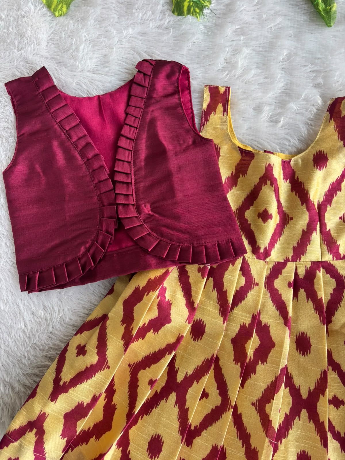 (ETFC005) Vibrant Wine Maroon Jacket with Sandal Yellow Ikat Pleated Ethnic Dress Set