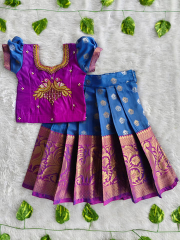 (ETS003) Traditional Magenta & Royal Blue Kids Pattu Pavadai