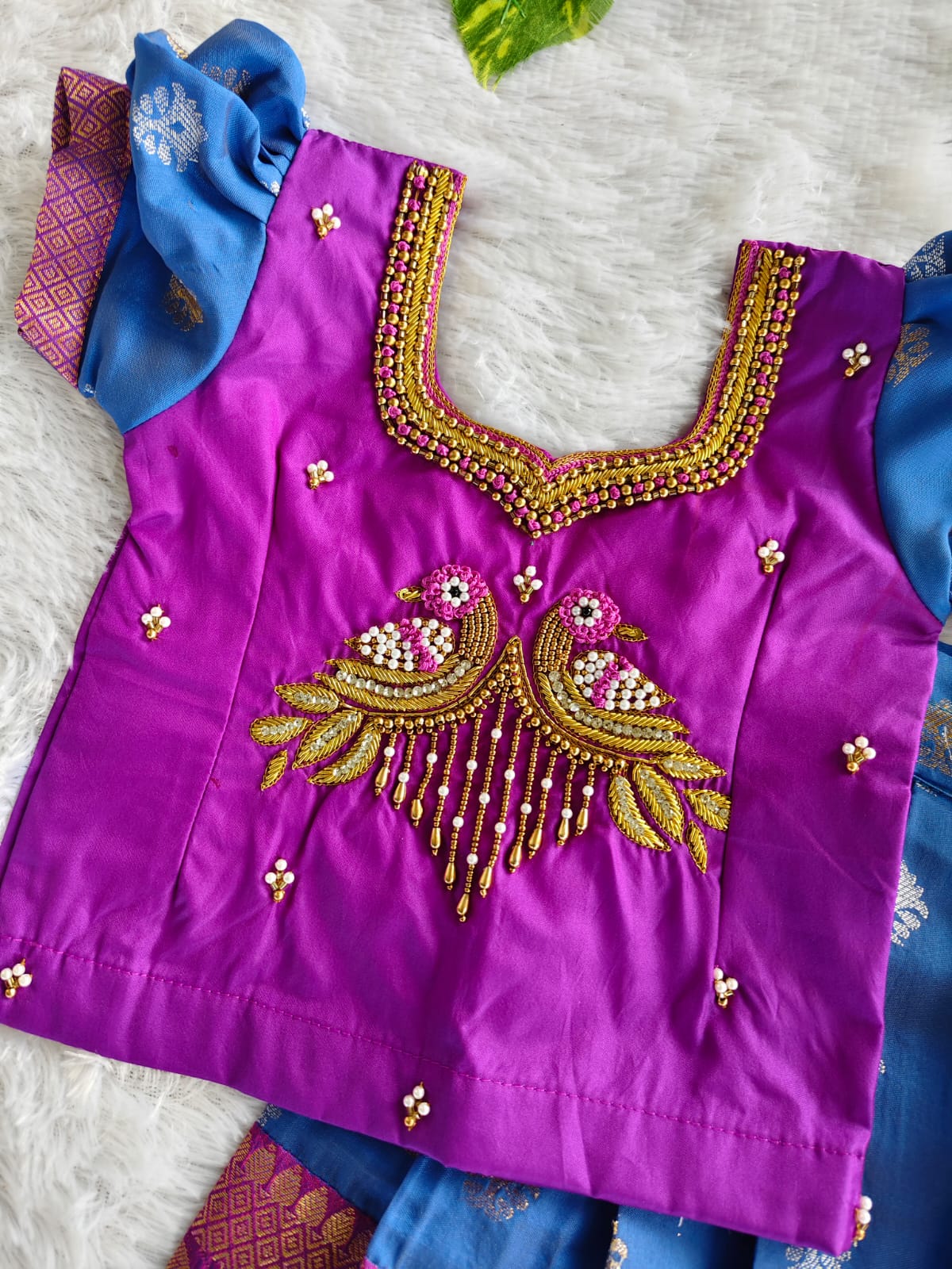 (ETS003) Traditional Magenta & Royal Blue Kids Pattu Pavadai
