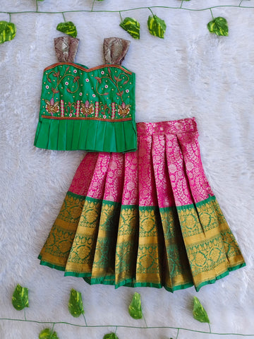 (ETS004) Traditional Green & Pink Kids Pattu Pavadai