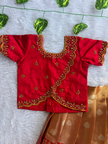 (ETS006) Vibrant Red & Gold Traditional Kids Pattu Pavadai Set