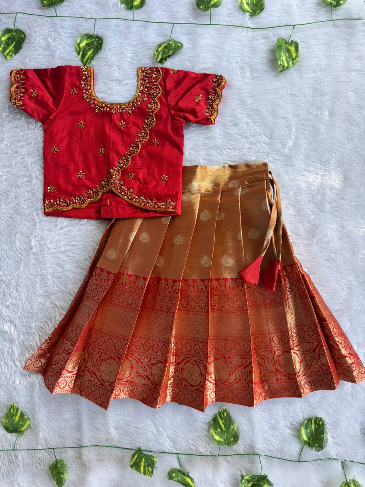 (ETS006) Vibrant Red & Gold Traditional Kids Pattu Pavadai Set