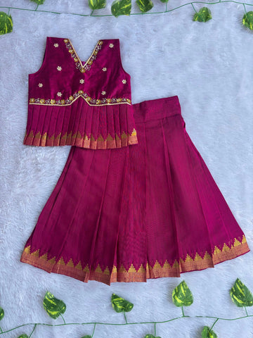 (ETS013) Radiant Magenta Pleated Ethnic Top and Skirt Set