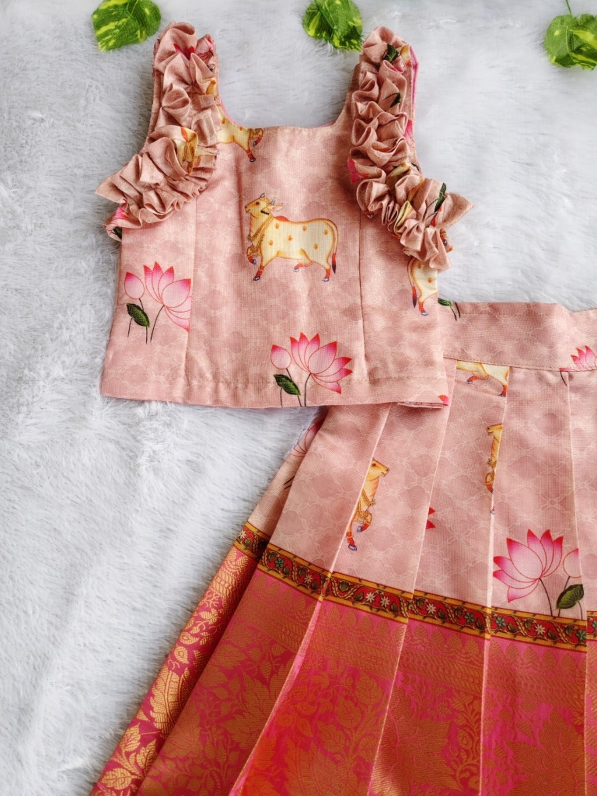 (ETS014) Traditional Pichwai Motifs Girl's Pattu Pavadai Set