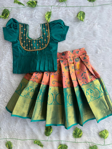 (ETS016) Elegant Traditional Teal & Peach Pattu Pavadai Set