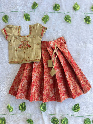 (ETS021)Gold and Red Embroidered Peacock Motif Top with Brocade Pleated Set