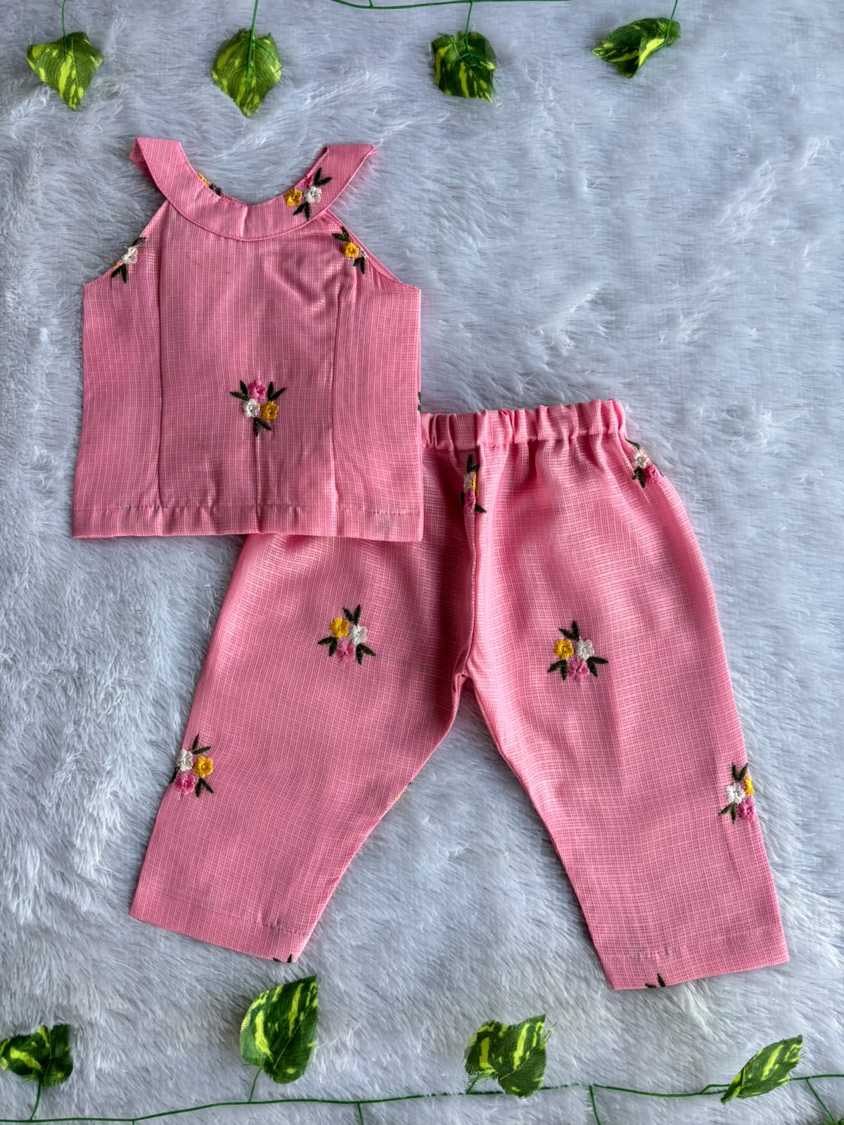 (ETTP003) Charming Floral Embroidered Pink Top and Trouser Set