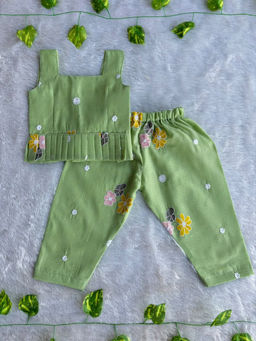 (ETTP004) Charming Floral Embroidered Green Peplum Top and Trouser Set