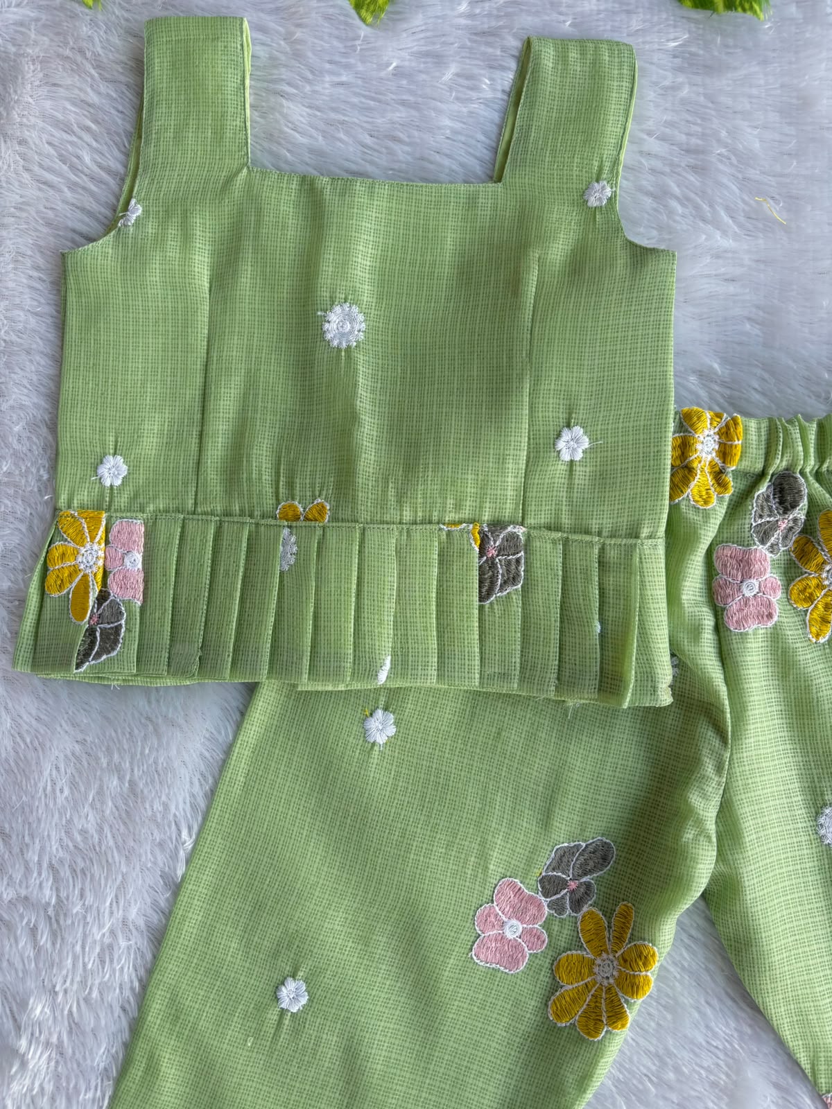 (ETTP004) Charming Floral Embroidered Green Peplum Top and Trouser Set