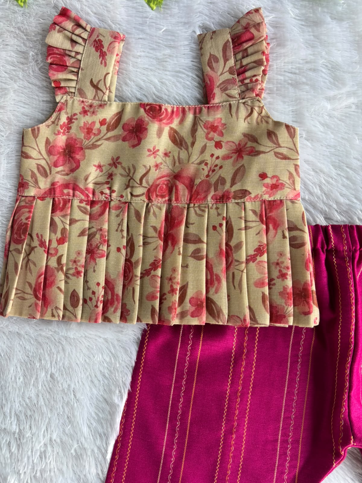 (ETTP005) Elegant Ruffle-Sleeved Floral Peplum Top with Striped Trousers Set
