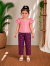 (ETTP006) Graceful Ruffle-Sleeve Pink Top with Brocade Trousers Set