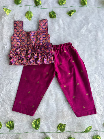 (ETTP007) Vibrant Bandhani-Print Layered Peplum Top with Brocade Trousers Set