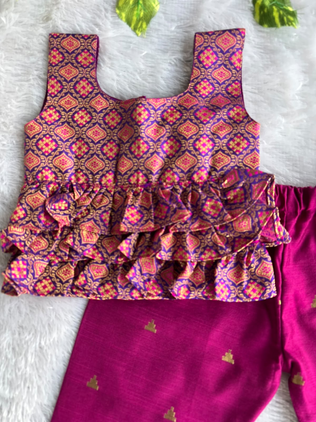 (ETTP007) Vibrant Bandhani-Print Layered Peplum Top with Brocade Trousers Set