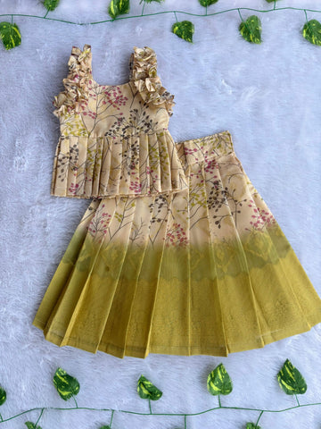 (ETTS007) Pastel Green floral Tissue weaves Top & Skirt Set