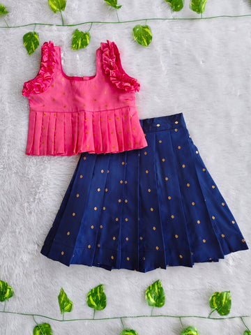 (ETTS013)Vibrant Pink and Royal Blue Ethnic Pattu Pavadai Set