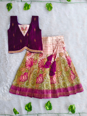 (ETTS020)Elegant Lotus Print Purple and Cream Ethnic Lehenga Set