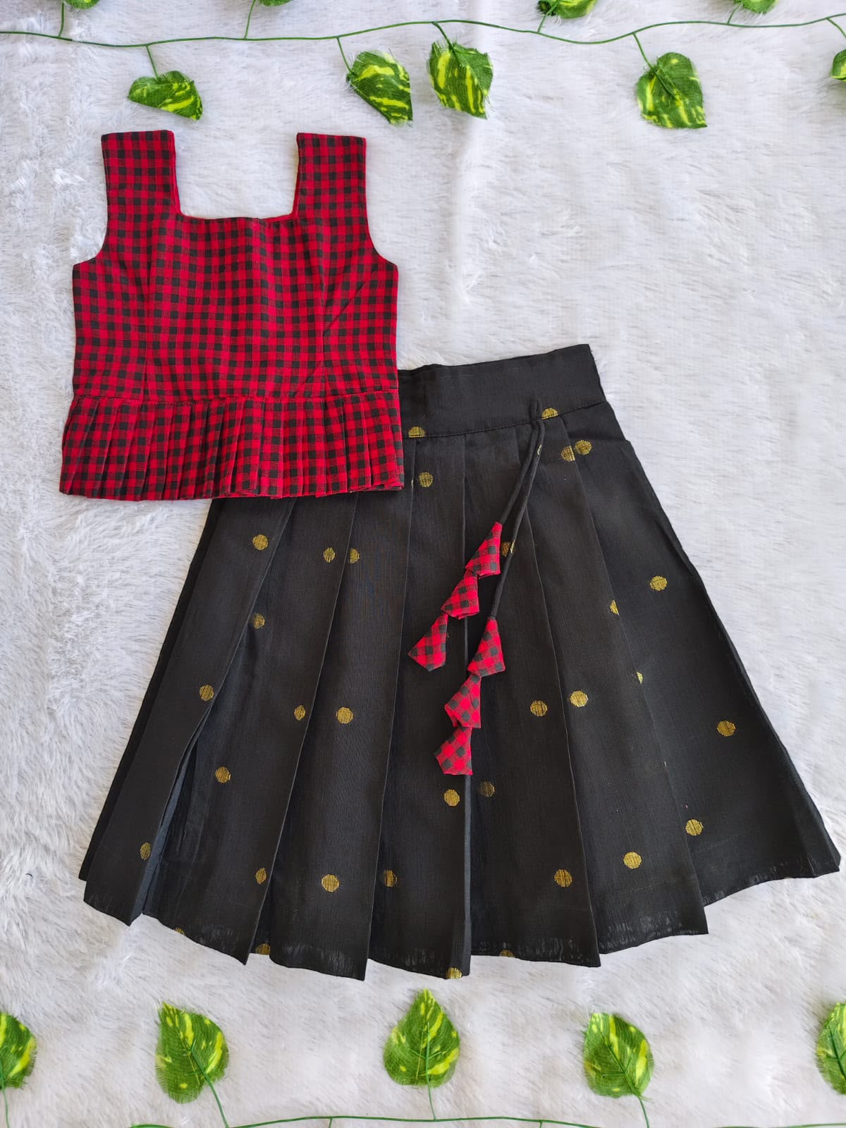 (ETTS023)Charming Red & Black Checked Pattu Pavadai Set
