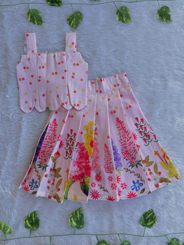 (ETTS033)Charming Floral Print Scalloped Hem Crop Top and Long Skirt Set