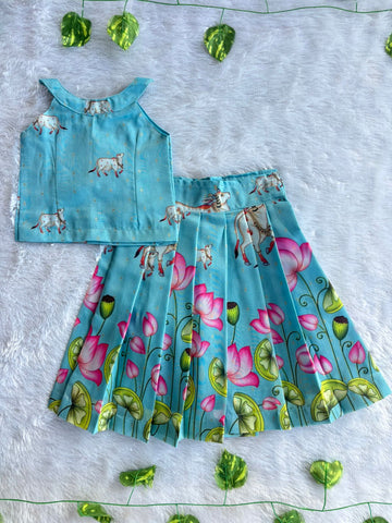 (ETTS036) Sky Blue Lotus & Cow Printed Top and Lehenga Set