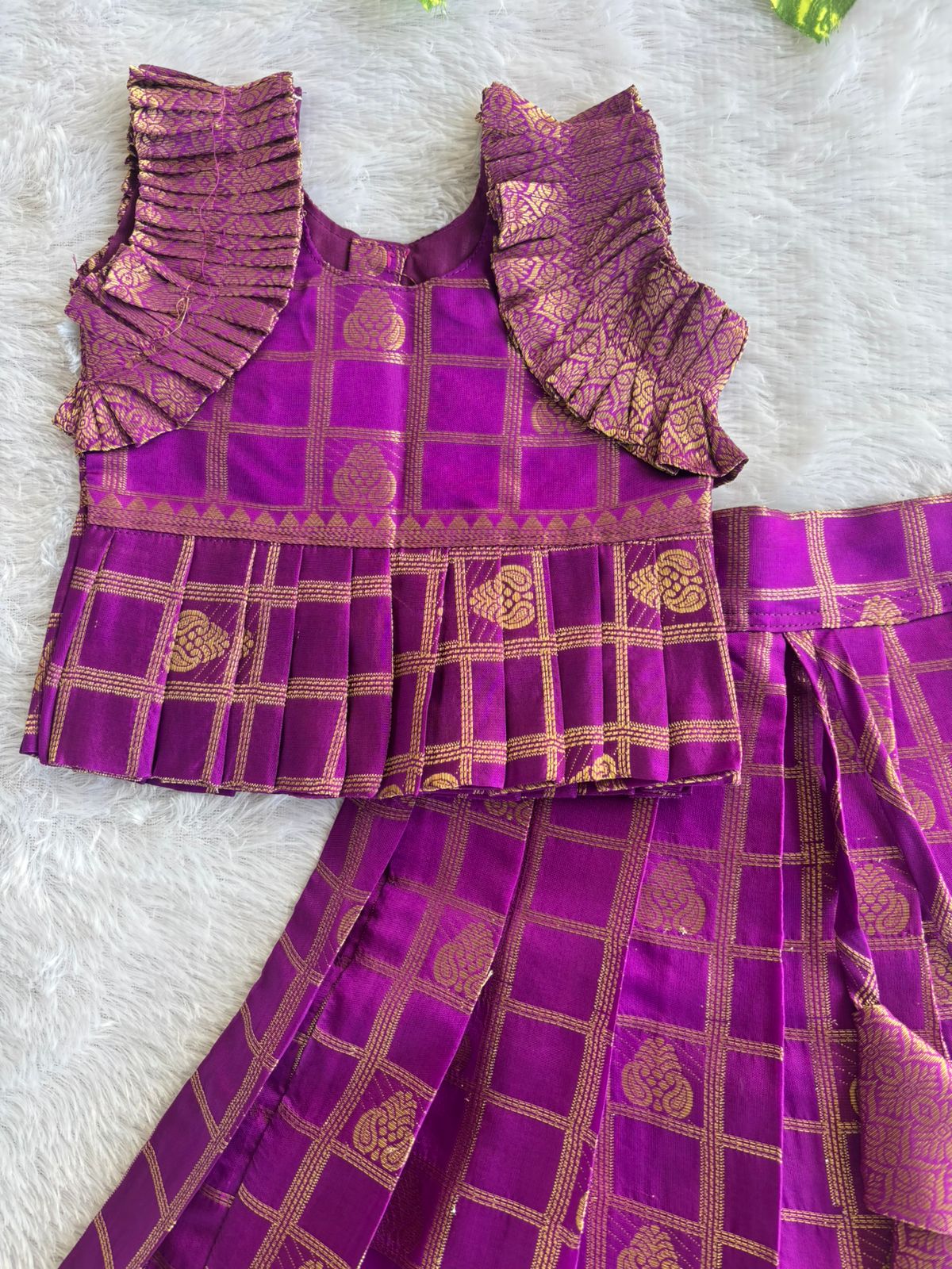 (ETTS038) Royal Purple & Gold Checked Pattu Pavadai Set