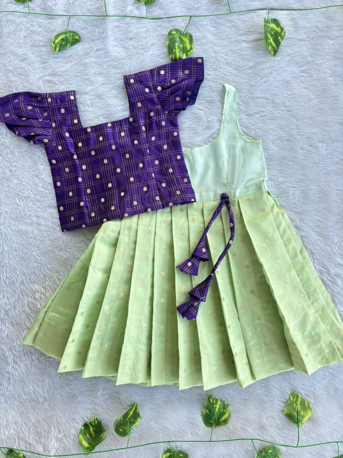 (ETTS042) Vibrant Purple &Sage Green Traditional Pattu Pavadai Set