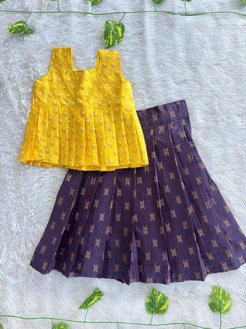 (ETTS043) Royal Yellow & Deep Purple Traditional Jacquard Pattu Pavadai Set