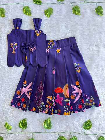 (ETTS044) Enchanting Botanical Print Scalloped Hem Crop Top and Long Skirt Set