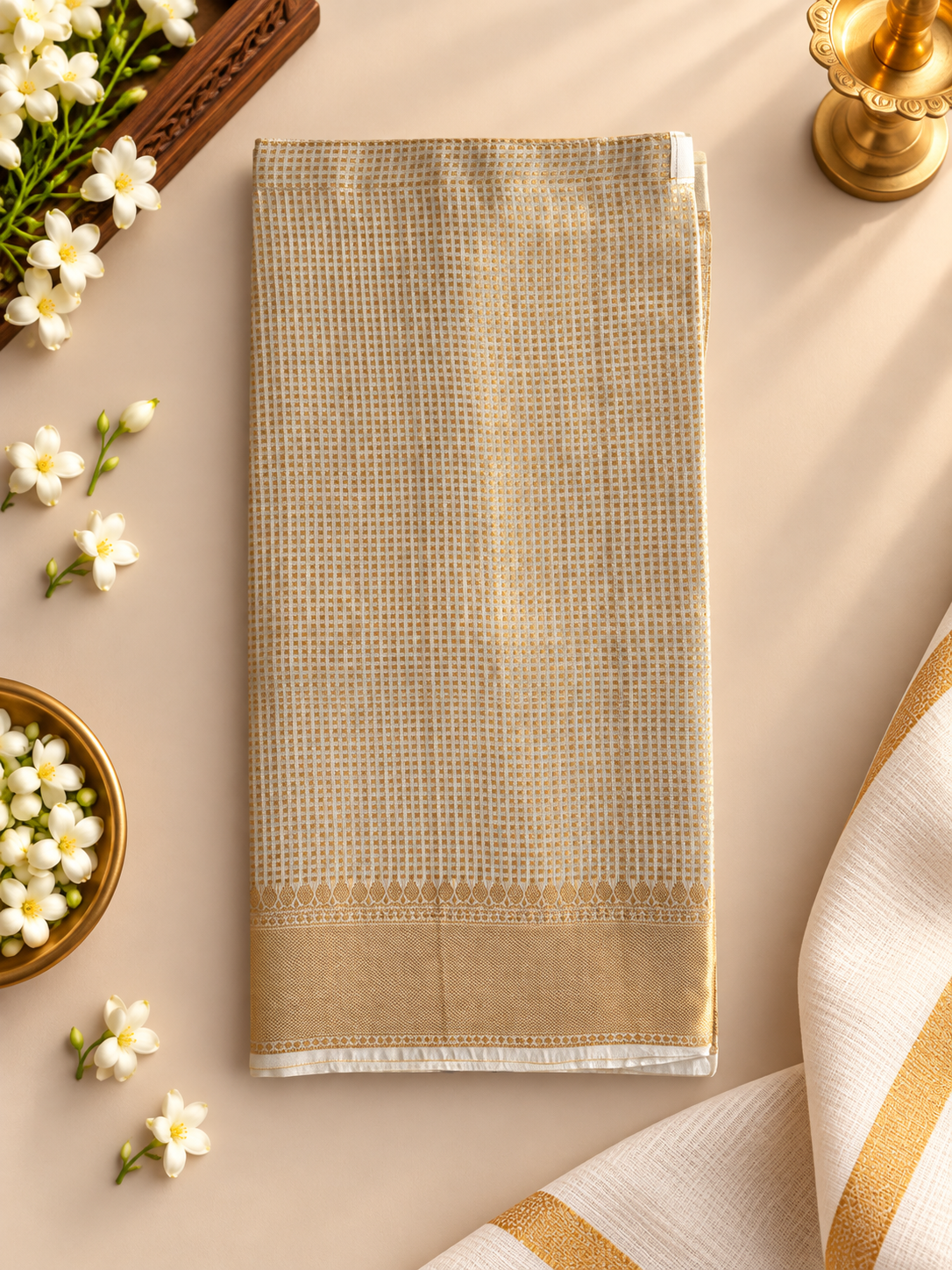 (D001) Traditional Gold-Check Festive Velcro Veshti with Zari Border