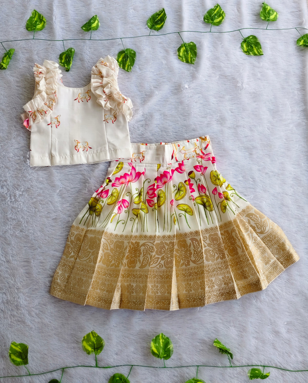 (ETS023)Graceful Lotus Print and Brocade Border Lehenga Set